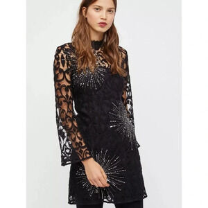 FREE PEOPLE North Star Black Lace Bell Sleeve Sequin Mini Dress Size 0